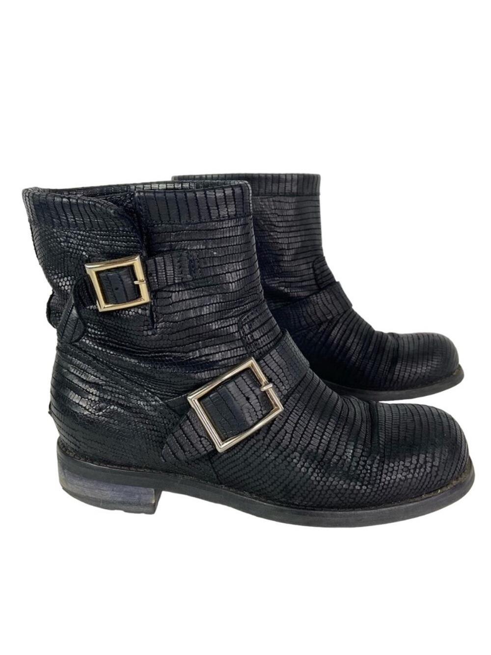 Jimmy Choo Black Biker Boots Moto Combat Buckle Croc Embossed 36.5 $1195